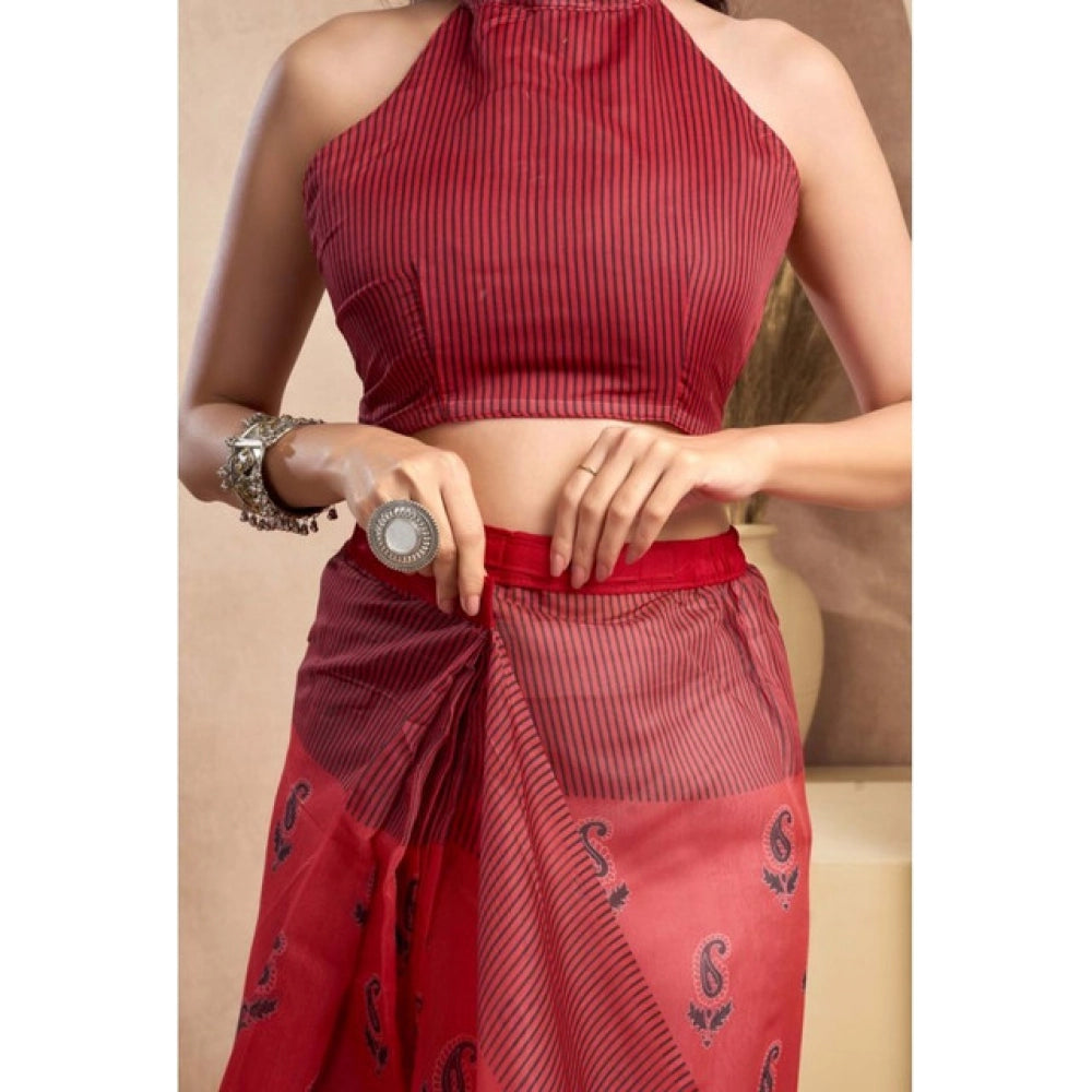 Designer Women's Faux Linen Printed Ready-to-Wear Saree With Blouse Piece (Red)