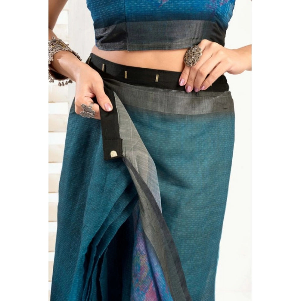 Designer Women's Faux Linen Printed Ready-to-Wear Saree With Blouse Piece (Teal)