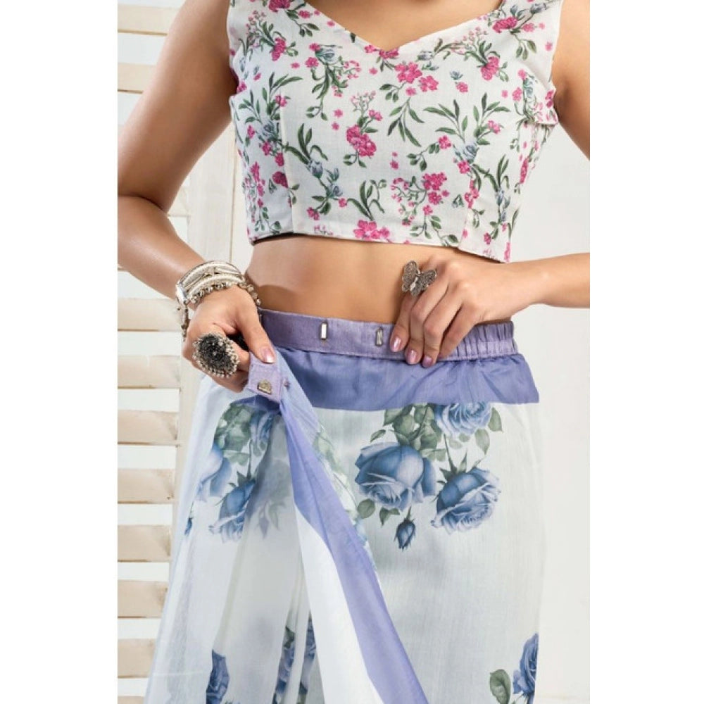 Designer Women's Faux Linen Printed Ready-to-Wear Saree With Blouse Piece (White)