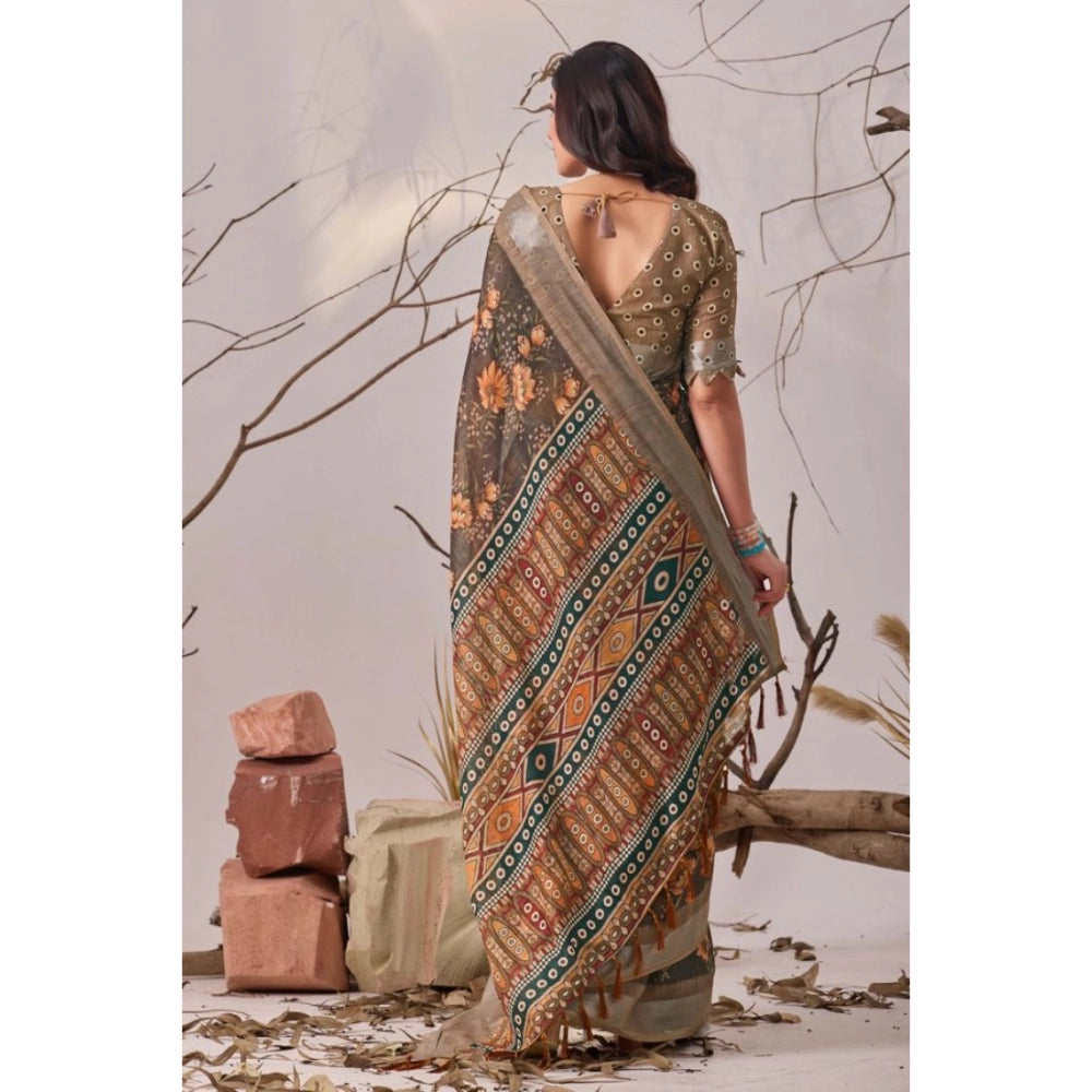 Stunning Women's Faux Linen Printed Saree With Blouse Piece