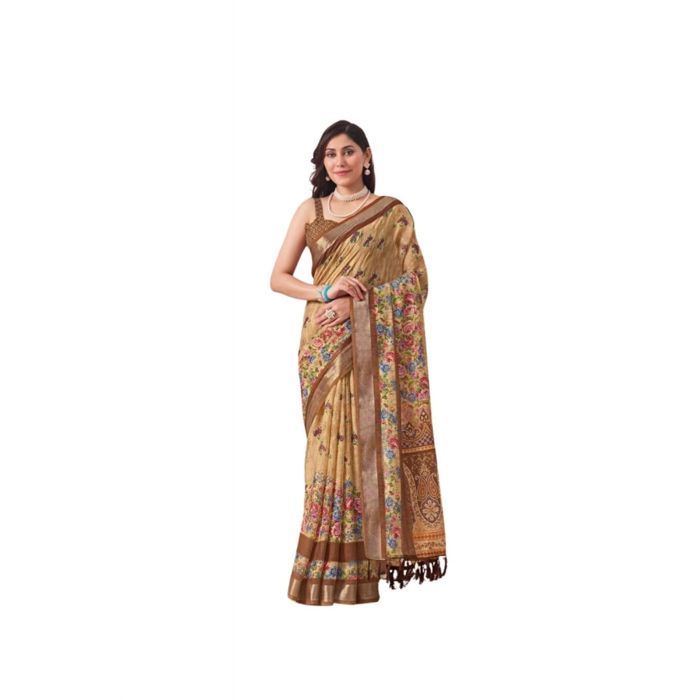 Stunning Women's Faux Linen Printed Saree With Blouse Piece