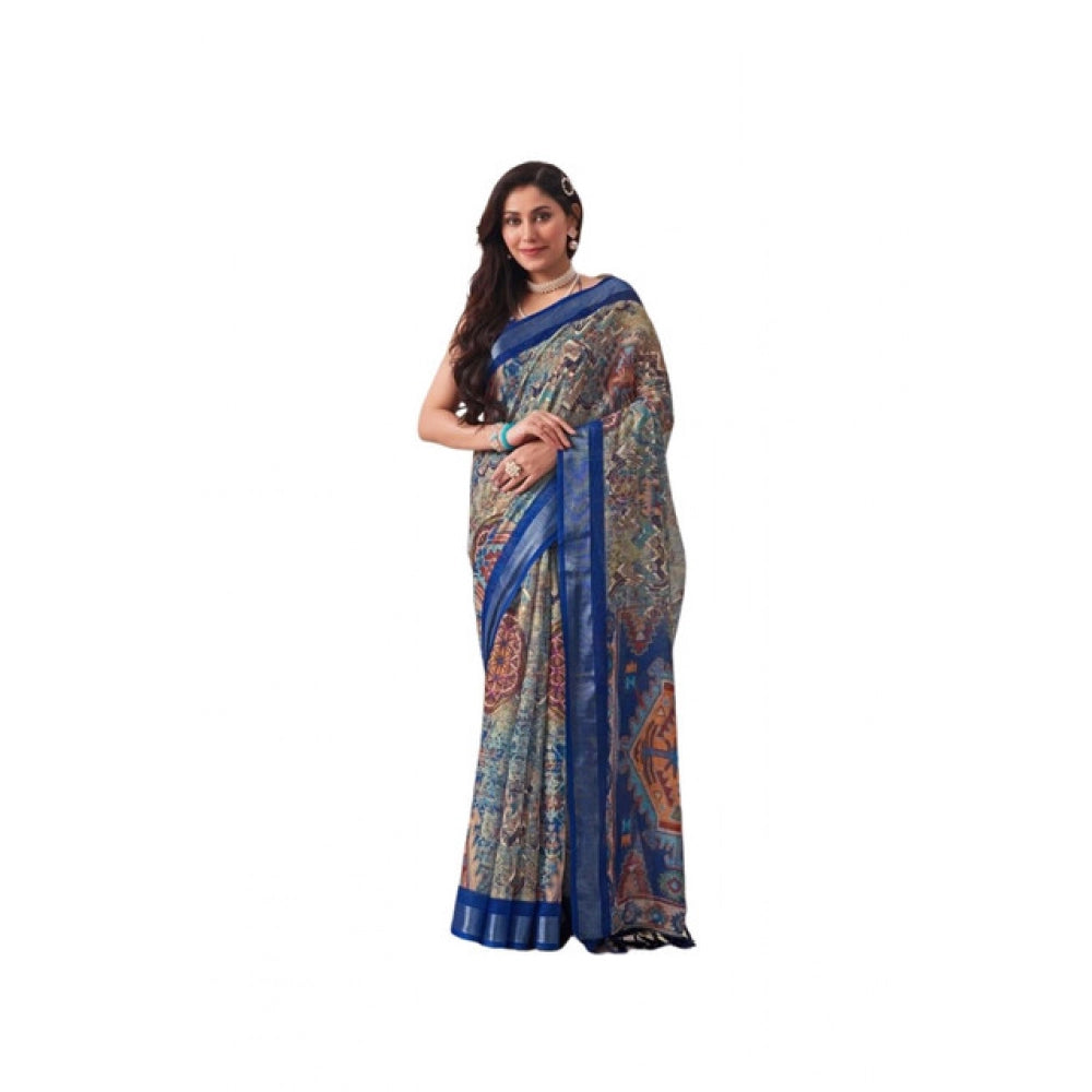 Stunning Women's Faux Linen Printed Saree With Blouse Piece