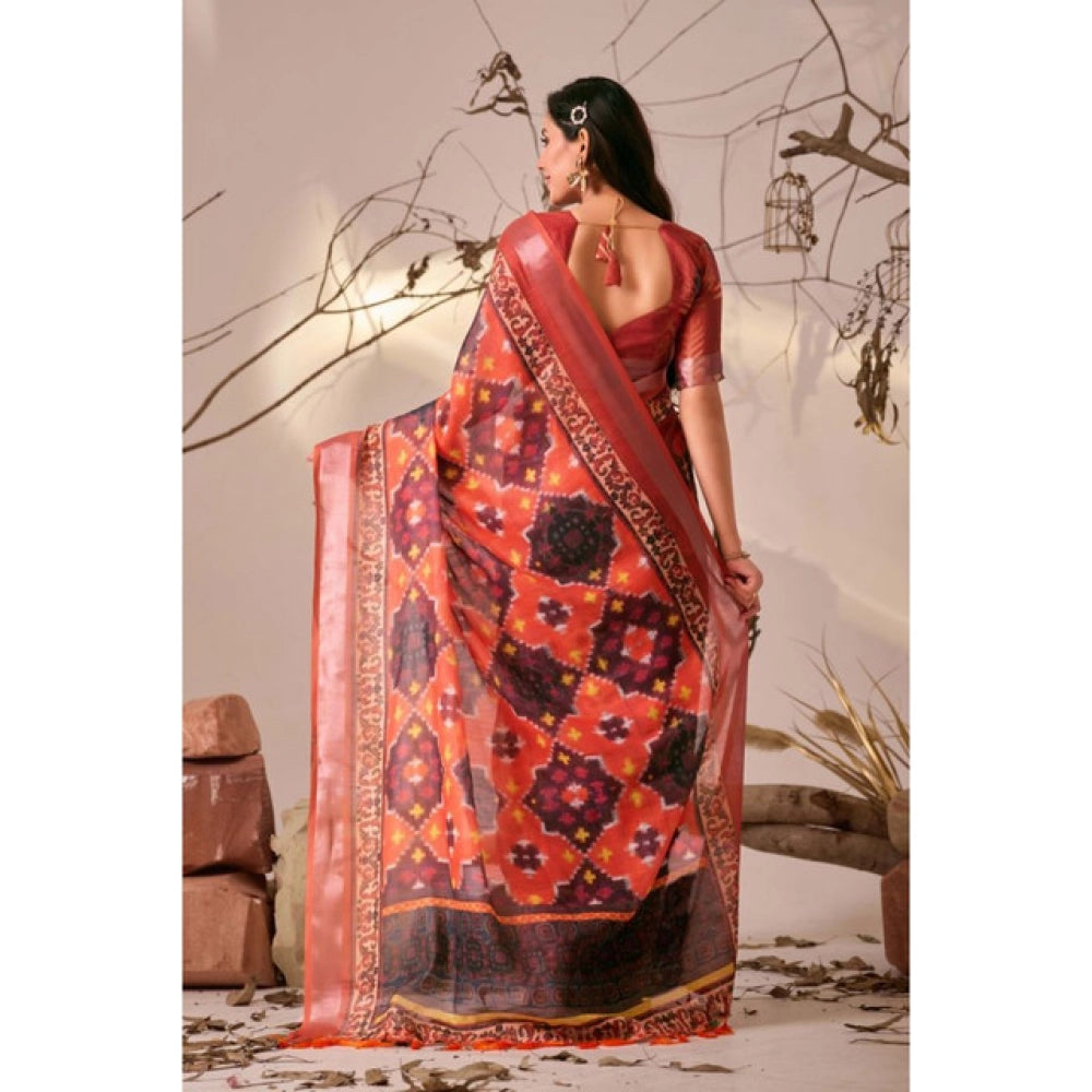 Stunning Women's Faux Linen Printed Saree With Blouse Piece