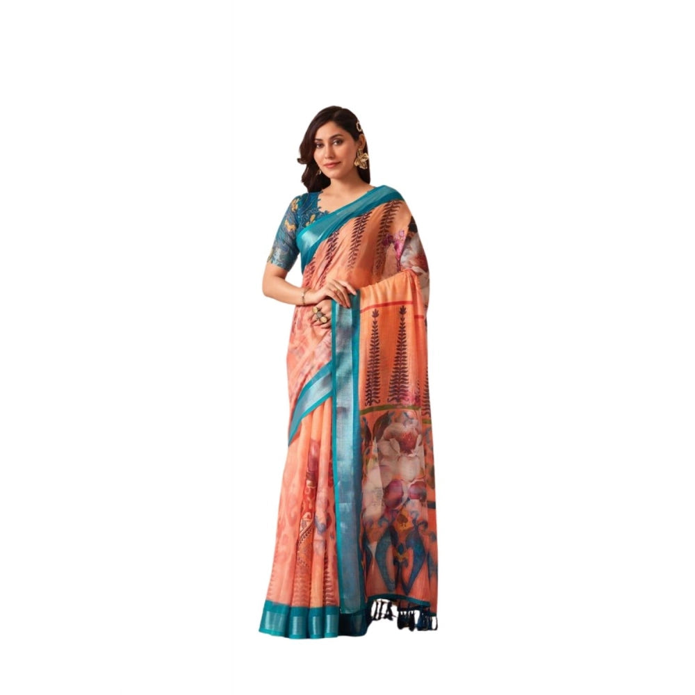Stunning Women's Faux Linen Printed Saree With Blouse Piece