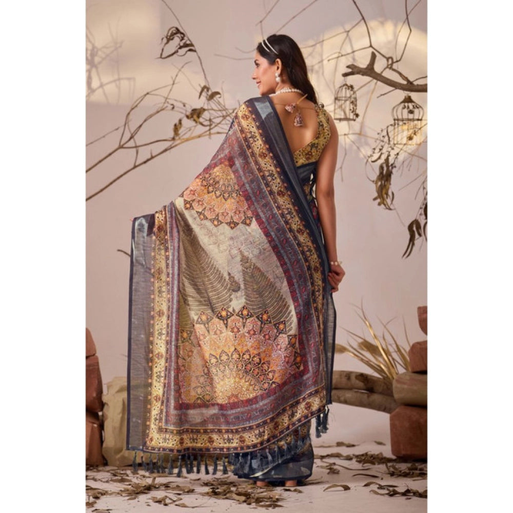Beautiful Women's Faux Linen Printed Saree With Blouse Piece