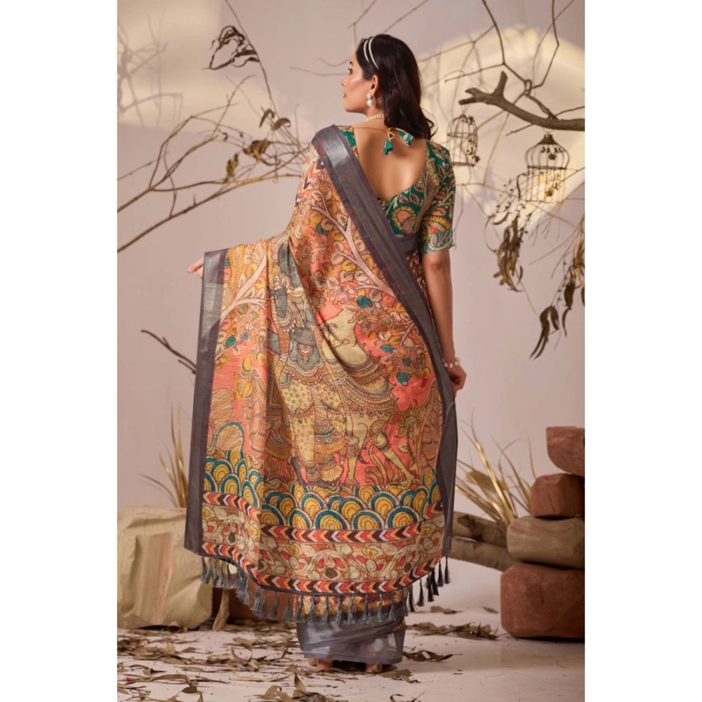 Beautiful Women's Faux Linen Printed Saree With Blouse Piece