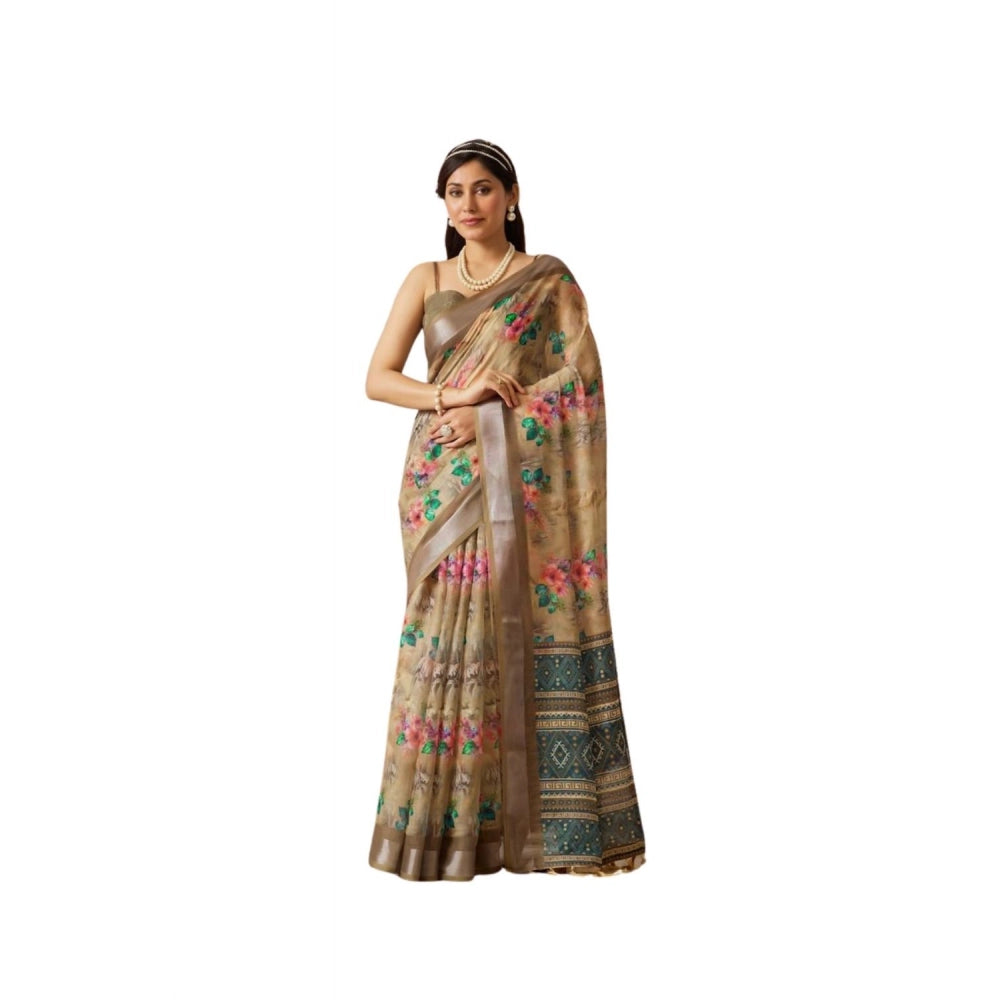 Beautiful Women's Faux Linen Printed Saree With Blouse Piece