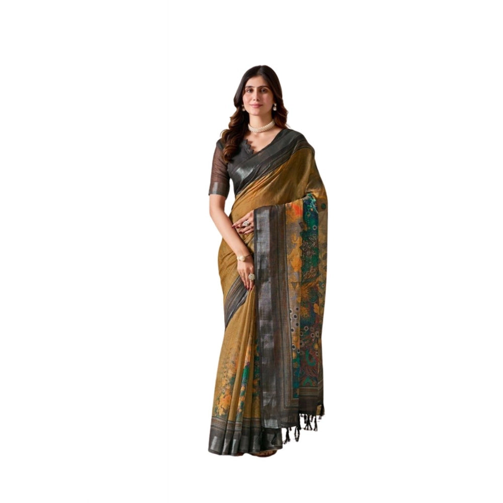 Beautiful Women's Faux Linen Printed Saree With Blouse Piece