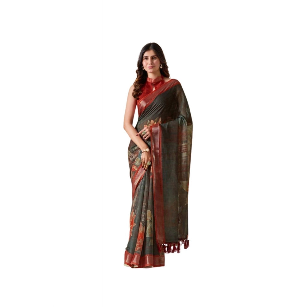 Beautiful Women's Faux Linen Printed Saree With Blouse Piece
