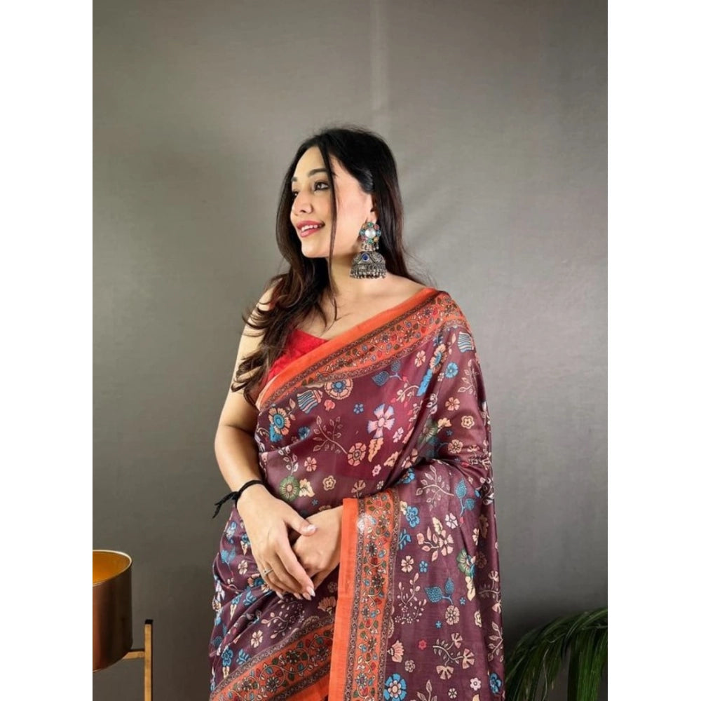 Precious Women's Linen Printed Saree With Blouse Piece