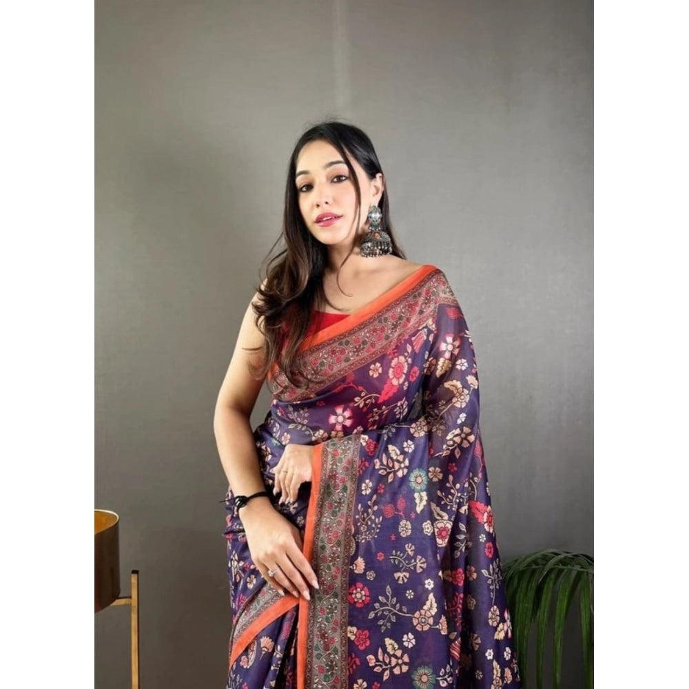 Precious Women's Linen Printed Saree With Blouse Piece