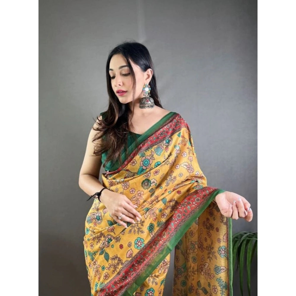 Precious Women's Linen Printed Saree With Blouse Piece