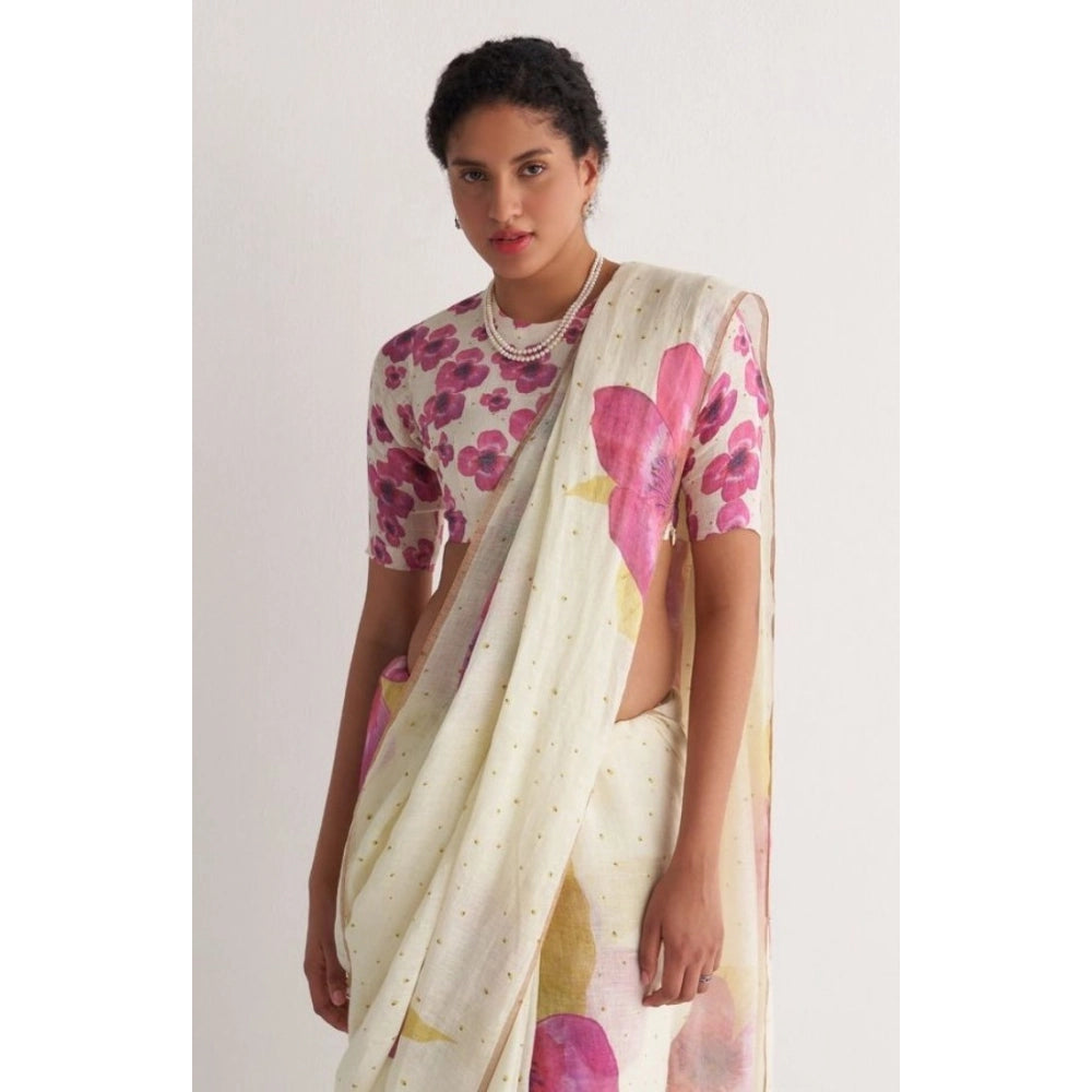 Elite Women's Linen Printed Saree With Blouse Piece