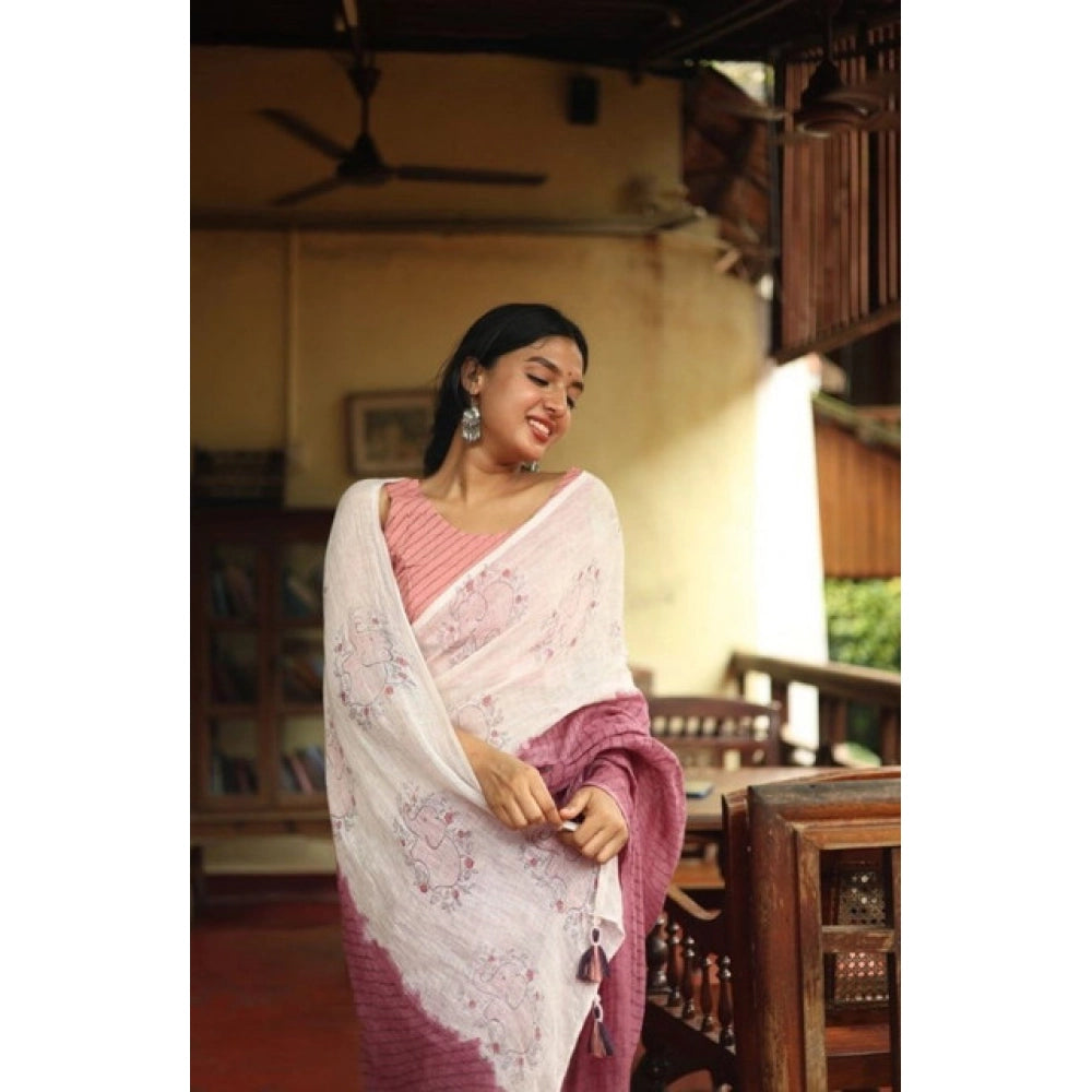 Elite Women's Linen Printed Saree With Blouse Piece