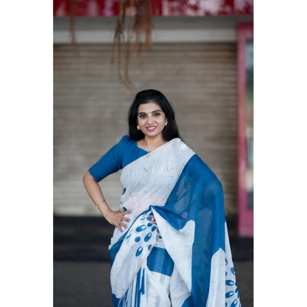 Embellished Women's Linen Printed Saree With Blouse Piece