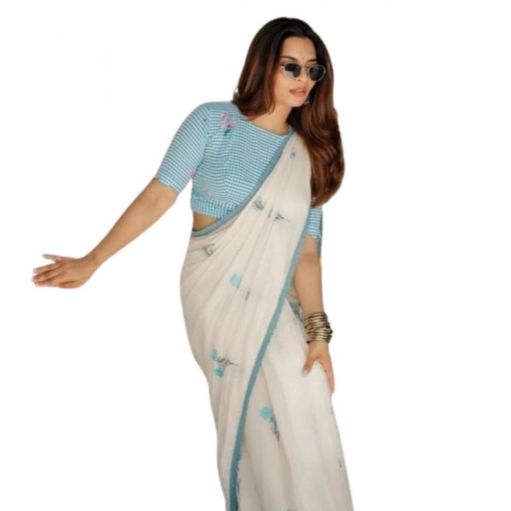 Embellished Women's Linen Printed Saree With Blouse Piece