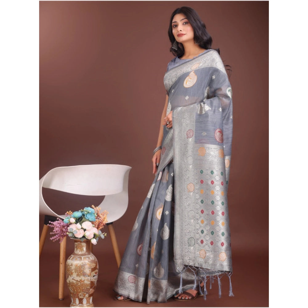 Trendy Women's Linen Cotton Printed Saree With Blouse Piece
