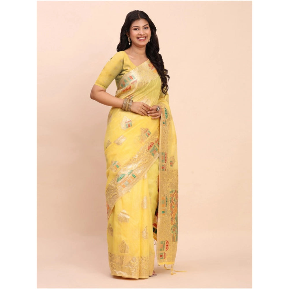 Stylish Women's Linen Cotton Printed Saree With Blouse Piece