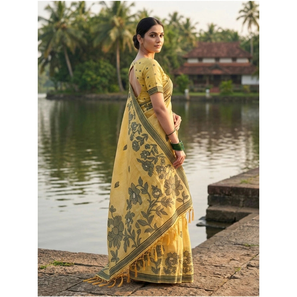 Partywear Women's Linen Cotton Printed Saree With Blouse Piece