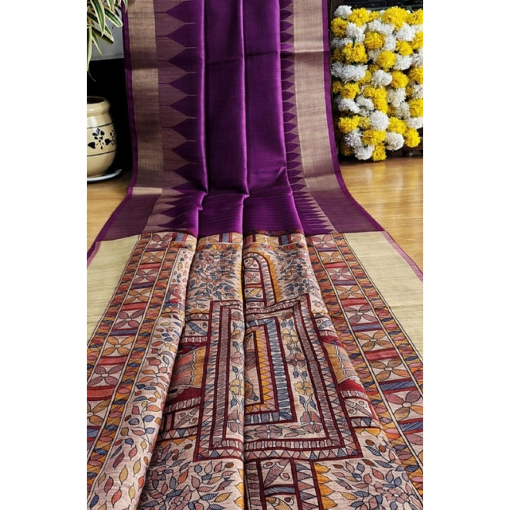 Superb Women's Tussar Silk Madhubani Saree With Blouse Piece