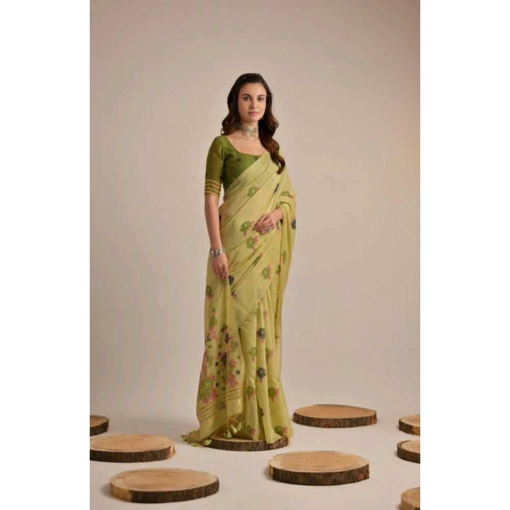 Tremendous Women's Blended Cotton Floral Motifs And Woven Buttas Saree With Blouse Piece