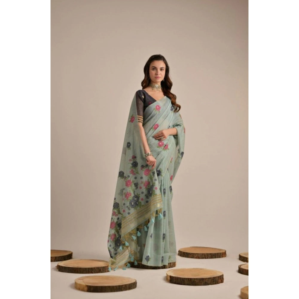 Tremendous Women's Blended Cotton Floral Motifs And Woven Buttas Saree With Blouse Piece