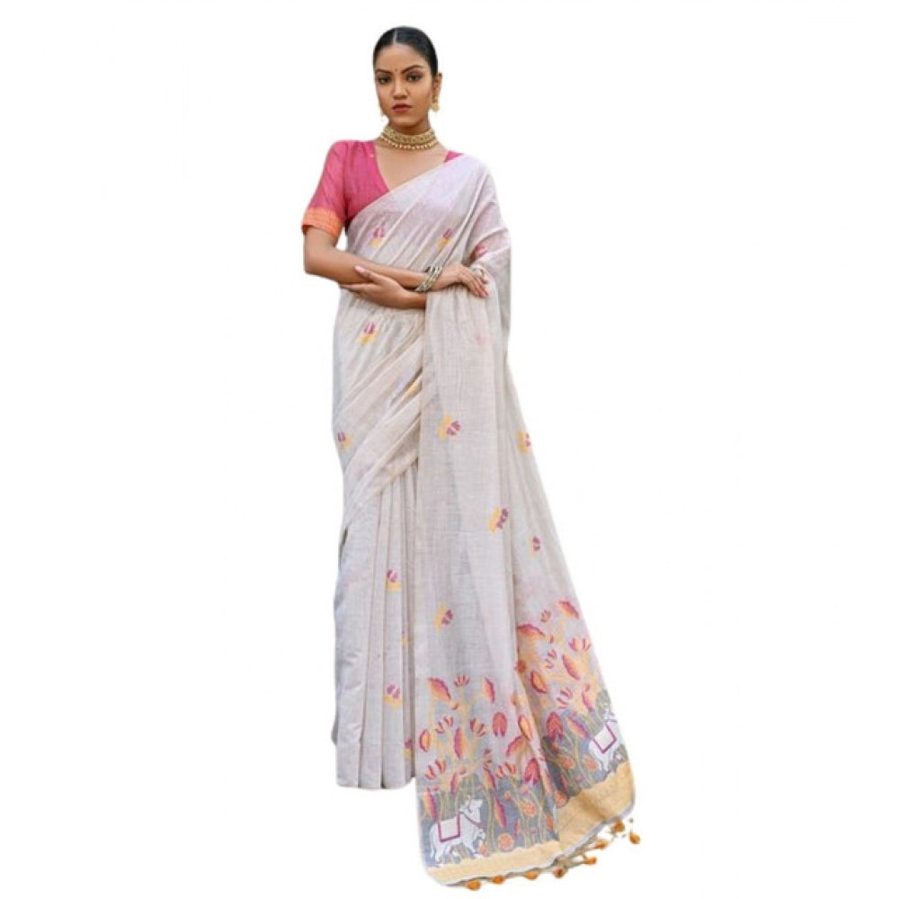 Fantastic Women's Blended Cotton Floral Weaving Pattern Saree With Blouse Piece