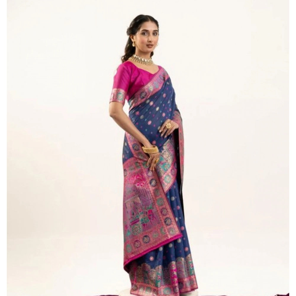 Delightful Women's Faux Banarasi Woven Motifs Saree With Blouse Piece
