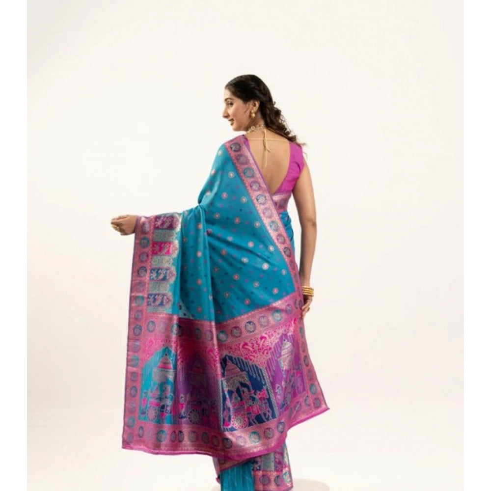 Delightful Women's Faux Banarasi Woven Motifs Saree With Blouse Piece