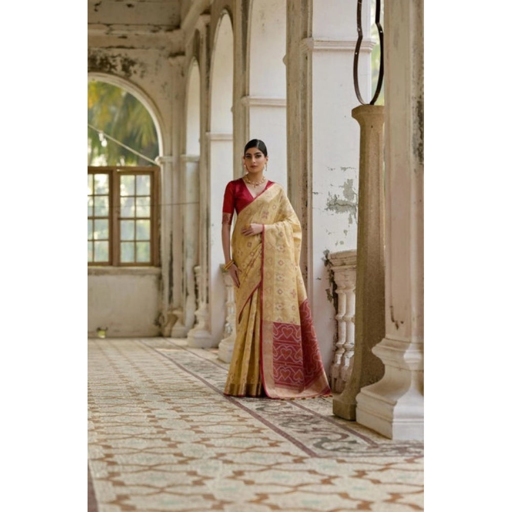 Fabulous Women's Silk Blend Ethnic Ikat Pattern Saree With Blouse Piece