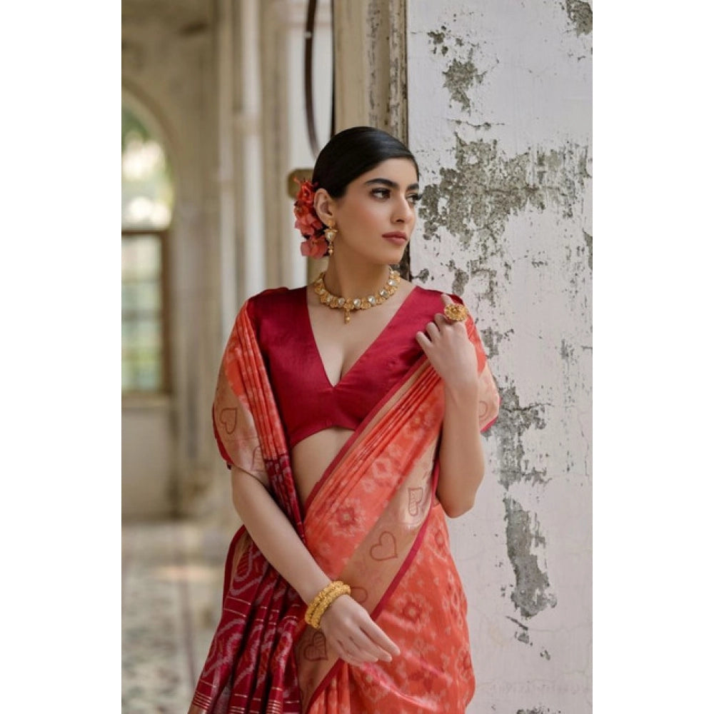 Fabulous Women's Silk Blend Ethnic Ikat Pattern Saree With Blouse Piece