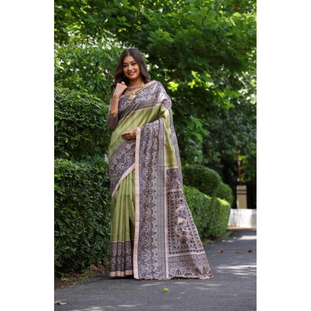 Astonishing Women's Faux Tussar Ethnic Print Saree With Blouse Piece