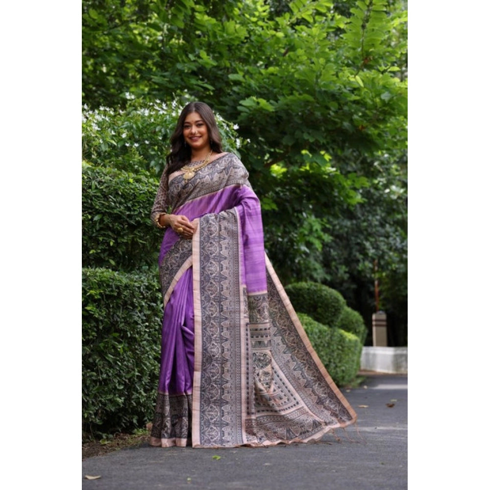 Astonishing Women's Faux Tussar Ethnic Print Saree With Blouse Piece