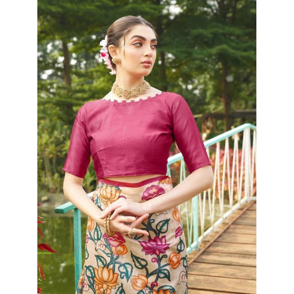 Exclusive Women's Faux Tussar Kalamkari Print Saree With Blouse Piece