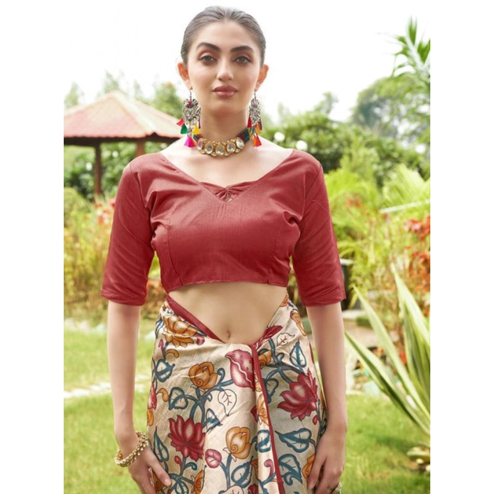 Exclusive Women's Faux Tussar Kalamkari Print Saree With Blouse Piece