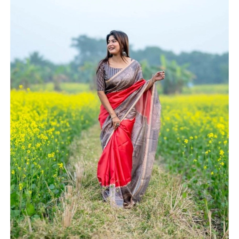 Gracious Women's Faux Tussar Geometric Print Saree With Blouse Piece