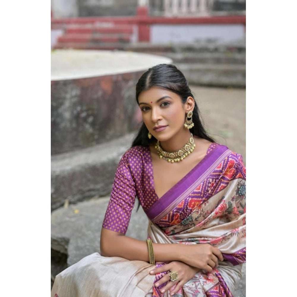 Gracious Women's Faux Tussar Floral Jal With Patola Print Saree With Blouse Piece