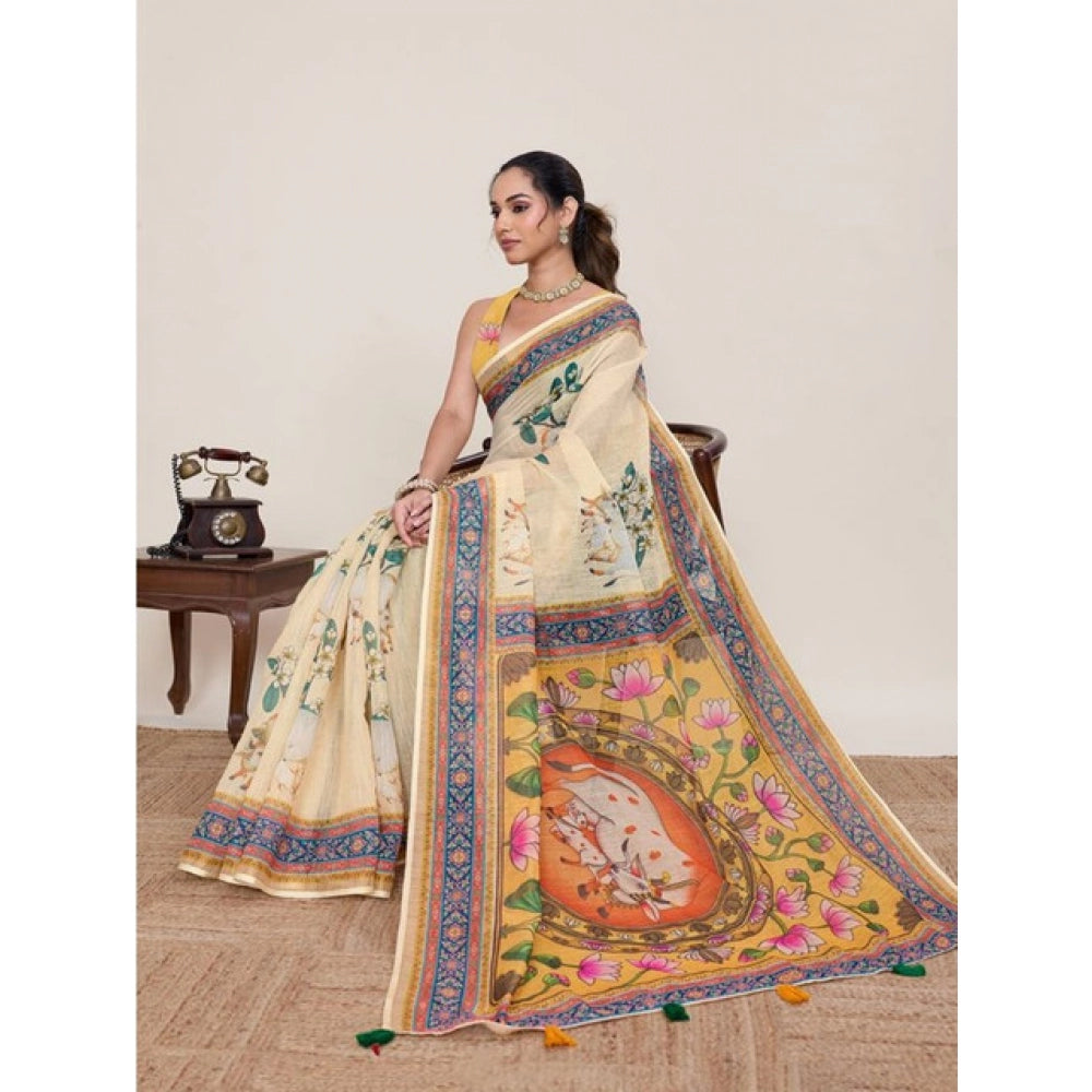 Superior Women's Linen Floral Printed Saree With Blouse Piece