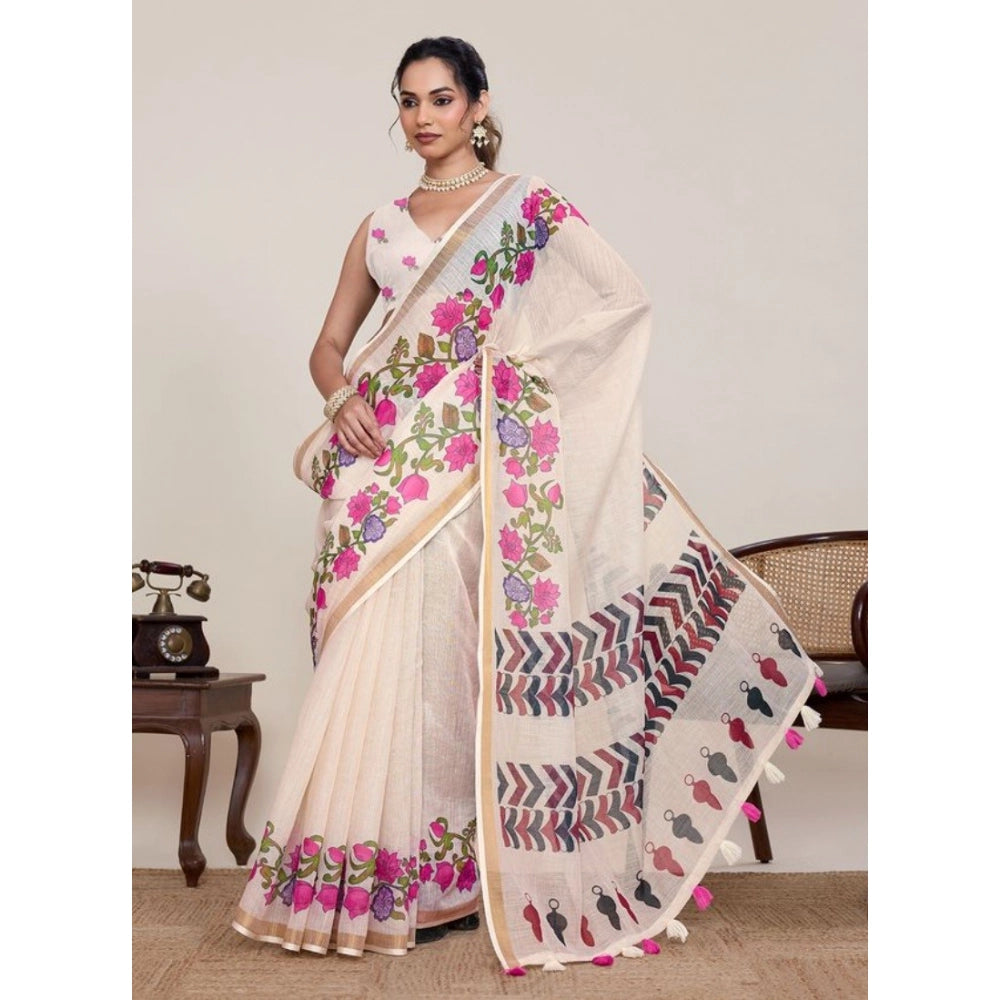 Superior Women's Linen Floral Printed Saree With Blouse Piece