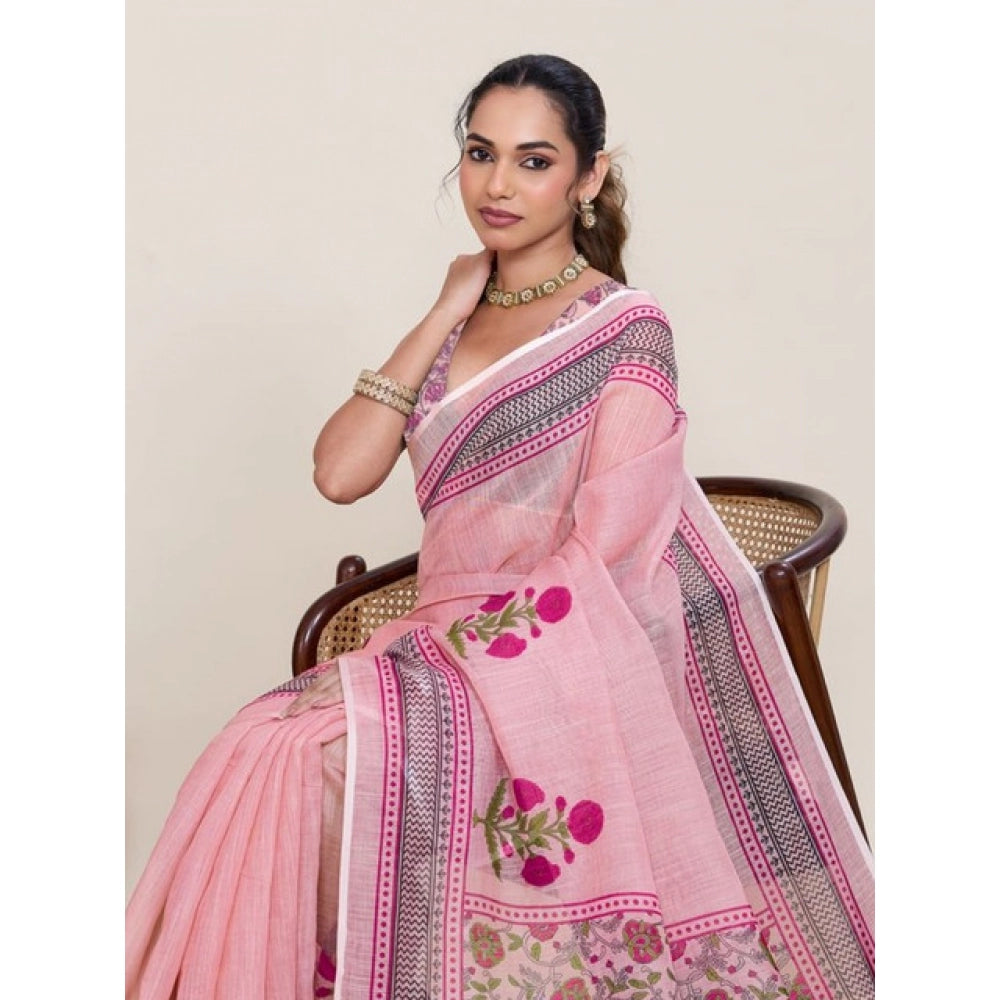 Superior Women's Linen Floral Printed Saree With Blouse Piece