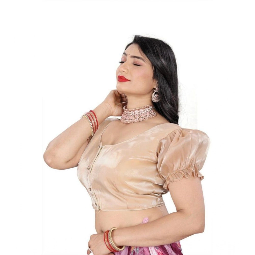 Appealing Women's Jimmy Solid Designer Neck Elastic Sleeve Readymade Blouse (Beige 38, Alterable up to 42)