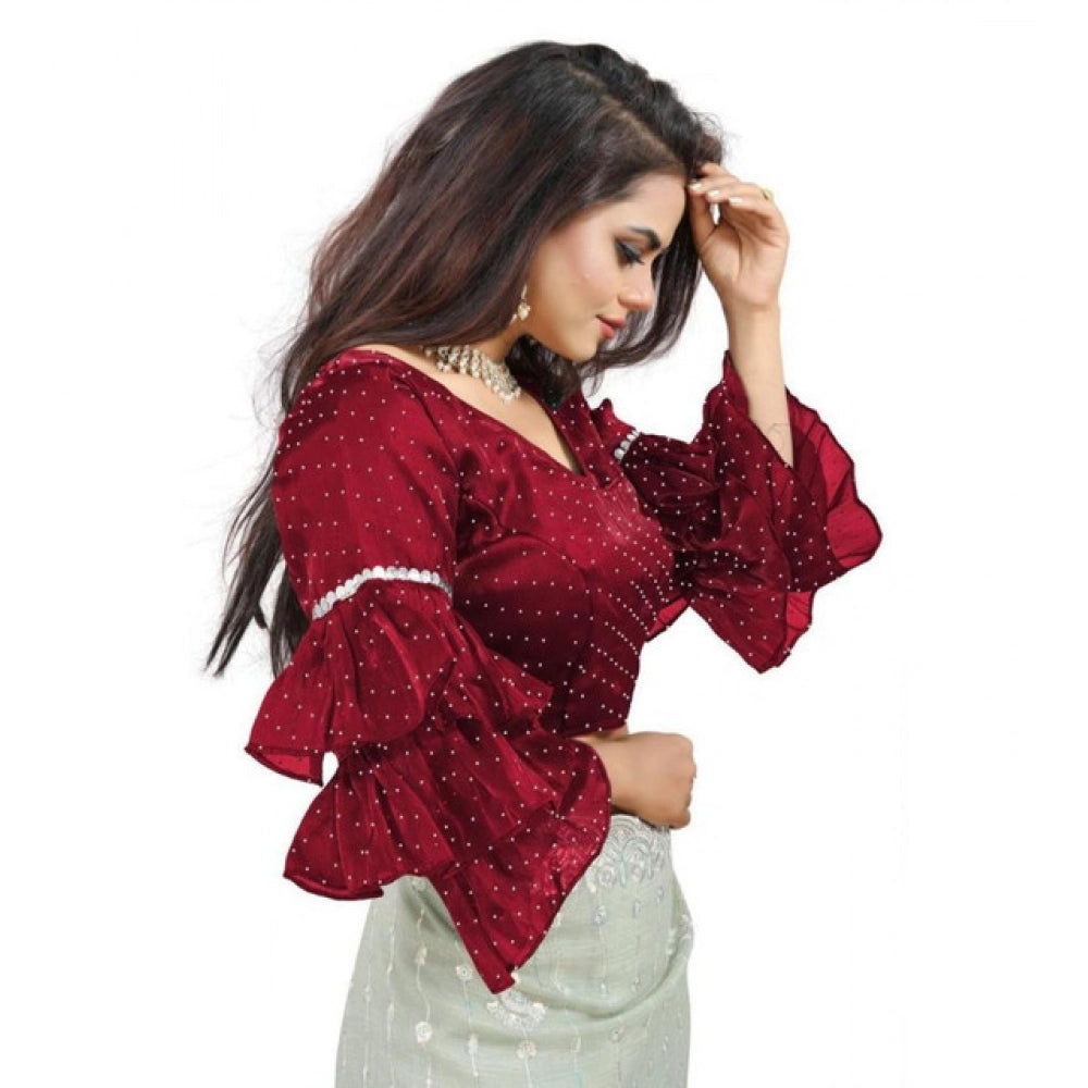 Groovy Women's Organza Solid V Neck Layered Ruffle Sleeve Readymade Blouse (Maroon Free Size, up to 38“40 Bust)
