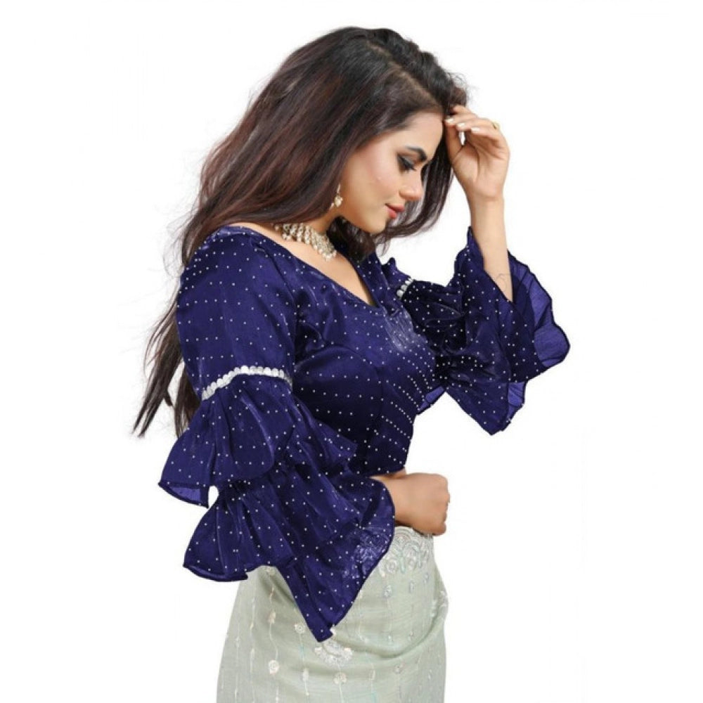 Groovy Women's Organza Solid V Neck Layered Ruffle Sleeve Readymade Blouse (Navy Free Size, up to 38“40 Bust)