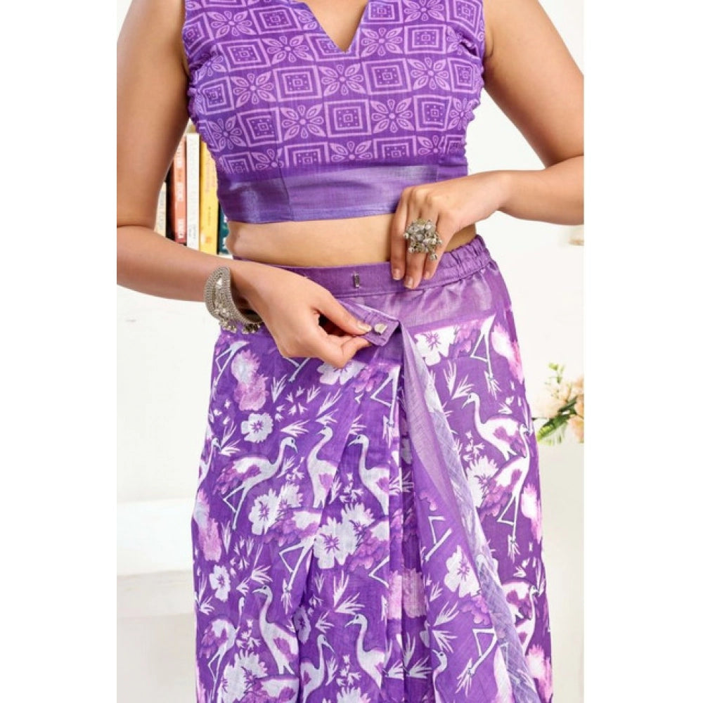 Sassy Women's Faux Linen Floral Print Ready to wear Saree With Blouse Piece