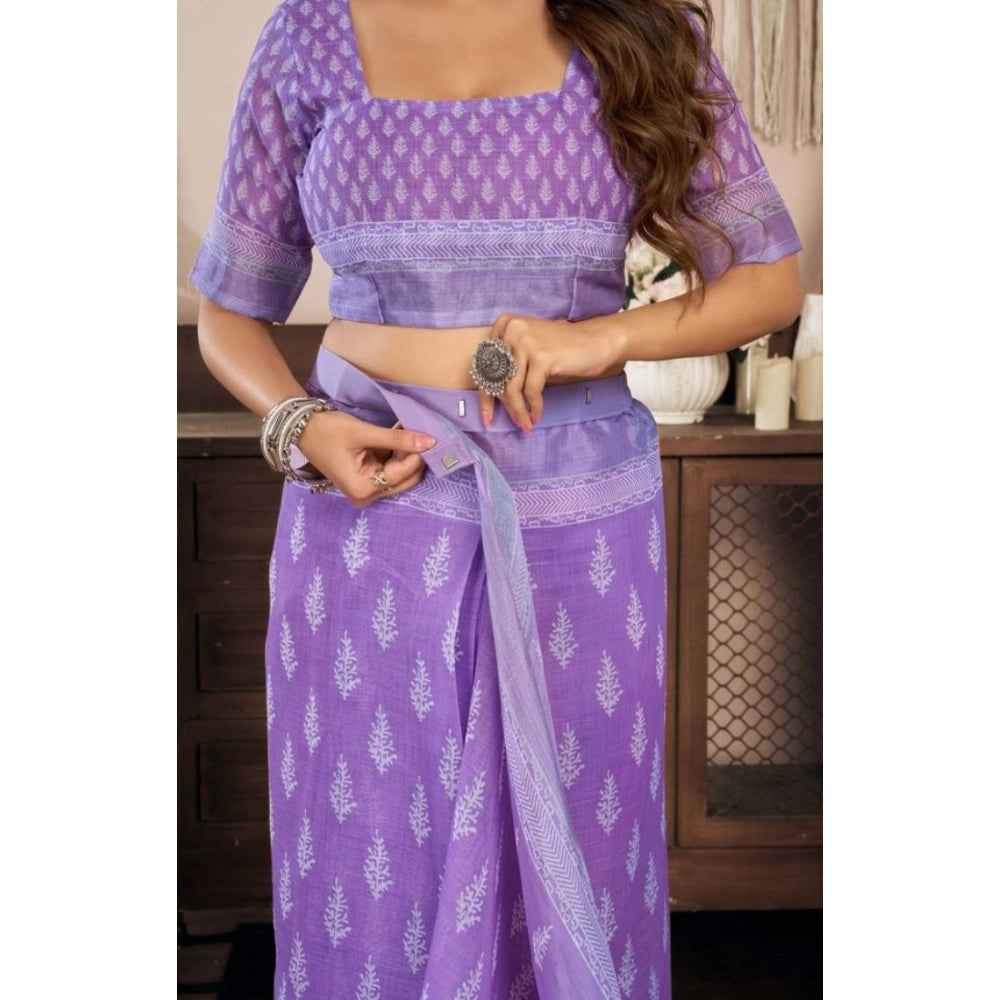 Retro Women's Faux Linen Floral Ready to wear Saree With Blouse Piece