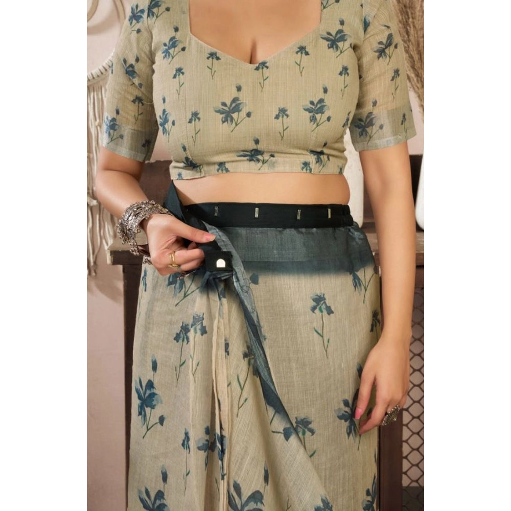 Retro Women's Faux Linen Floral Print Ready to wear Saree With Blouse Piece