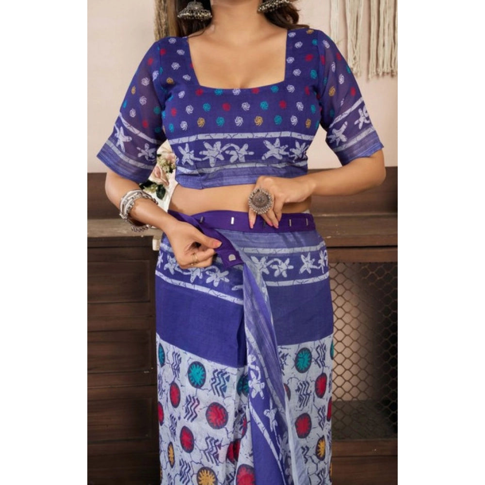 Retro Women's Faux Linen Geometric Print Ready to wear Saree With Blouse Piece
