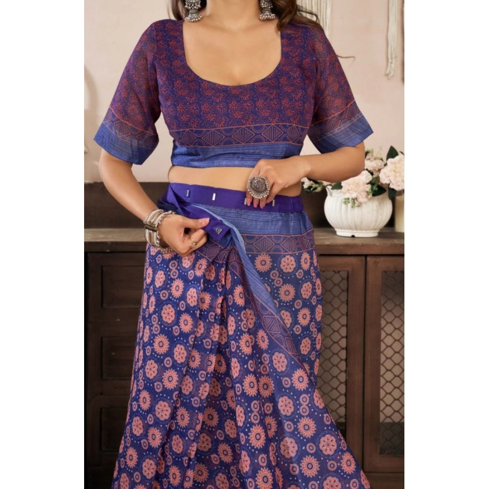 Retro Women's Faux Linen Floral Print Ready to wear Saree With Blouse Piece