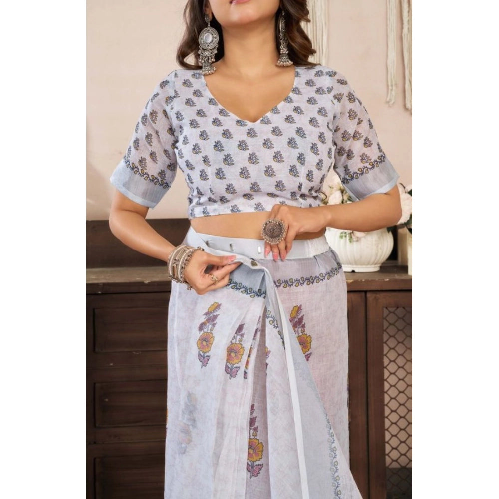Retro Women's Faux Linen Floral Print Ready to wear Saree With Blouse Piece