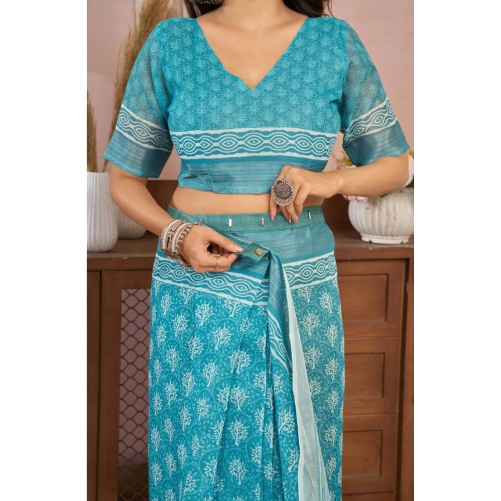 Retro Women's Faux Linen Floral Print Ready to wear Saree With Blouse Piece